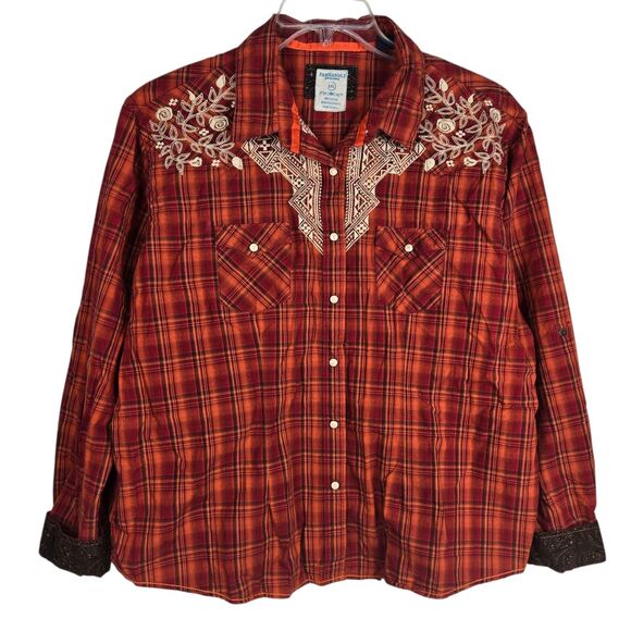 Panhandle Rough Stock Shirt XXL Snap Button Embroider Plaid Orange Red Flip Cuff - Picture 2 of 9